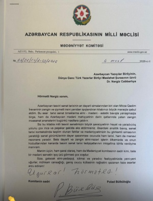 Polad B&uuml;lb&uuml;loğlu Nərgiz Cabbarlıya təbrik məktubu &uuml;nvanlayıb